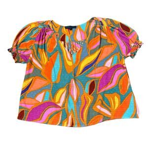 Rachel Roy Crop Top Womens Size M Colorful Leaf Puffed Sleeves Artsy Festival